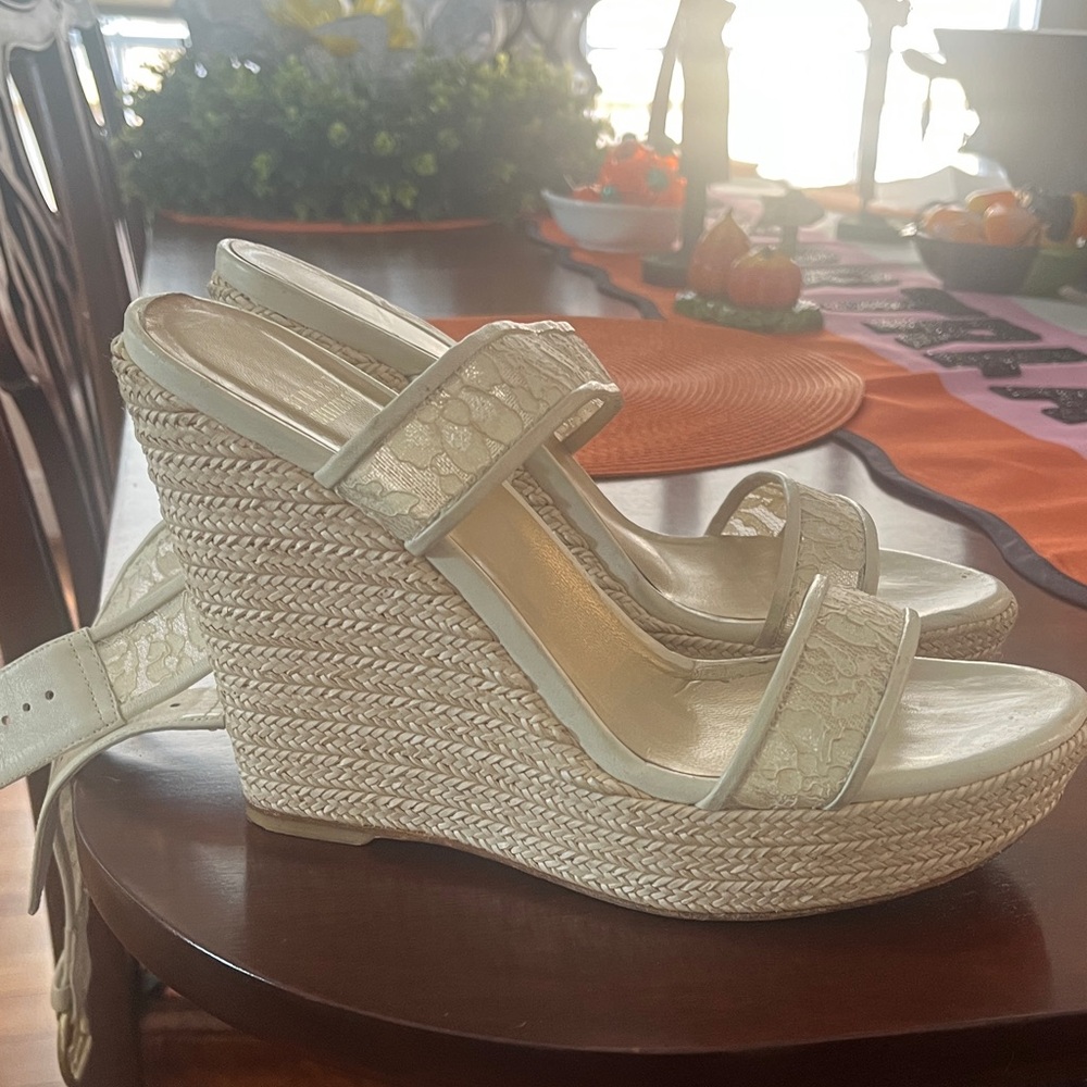 Stuart Weitzman Cream Woven Wedges